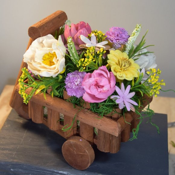 Cheerful garden arrangement of airbrushed Sola wood flowers in a garden cart - Picture 15 of 15